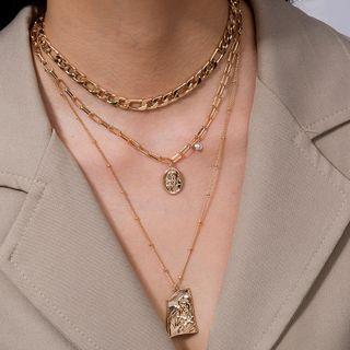 Geometric Pendant Chain Layered Necklace 1 Pc - Nz061 - Geometric Pendant Chain Layered Necklace - Gold - One Size