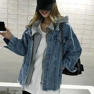 Contrast Hood-layered Distressed Denim Jacket