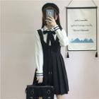 Long-sleeve Bow Accent Shirt / Pleated Jumper Dress