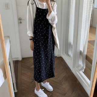 Plain Long-sleeve T-shirt / Dotted Midi Pinafore Dress