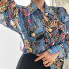 Metallic-button Floral Chiffon Shirt