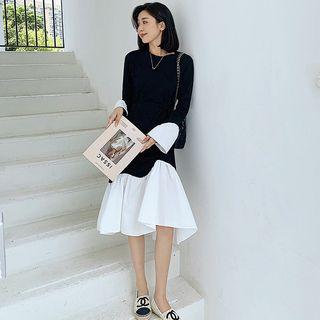 Bell-sleeve Color Block Midi Dress