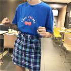 Short-sleeve Cherry Print T-shirt / Plaid Mini Skirt
