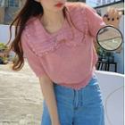 Short-sleeve Pearl Bow Peter Pan Collar Cropped Knit Top