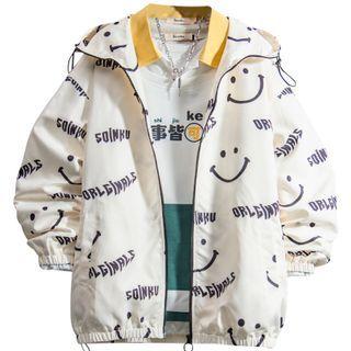 Lettering Smiley Print Hooded Zip Jacket