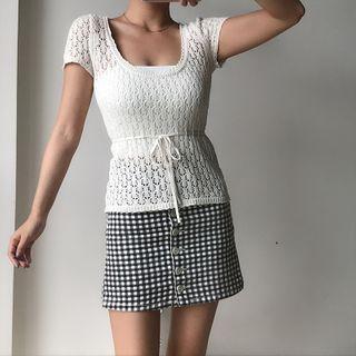 Short-sleeve Tie-waist Pointelle-knit Top