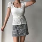 Short-sleeve Tie-waist Pointelle-knit Top