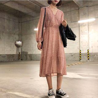 V-neck Floral Print Long-sleeve Chiffon Dress Pink - One Size