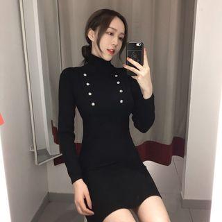 Long-sleeve Turtleneck Knit A-line Mini Dress