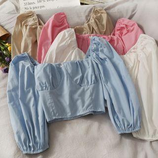 Off Shoulder Puff-sleeve Plain Crop Top In 6 Colors