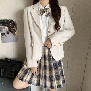 Tie-neck Shirt / Plain Blazer / Plaid Pleated Mini A-line Skirt