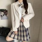 Tie-neck Shirt / Plain Blazer / Plaid Pleated Mini A-line Skirt