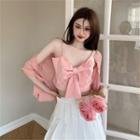 Short-sleeve Light Cardigan / Bow-accent Camisole Top / High-waist Pleated Mini Skirt