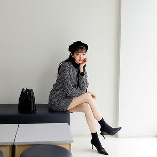 Set: Dual-pocket Tweed Jacket + H-line Miniskirt