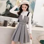 Long-sleeve Knit Top / Houndstooth Mini A-line Pinafore Dress / Set