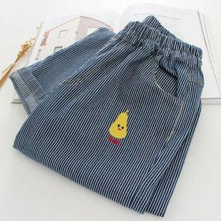 Pear Embroidered Striped Band Waist Jeans