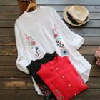 Roll-up Sleeve Embroidery Long Shirt