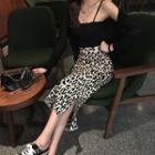 Leopard Print Slit Midi Pencil Skirt Leopard - Black & White - One Size