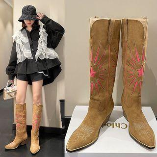 Chunky Heel Sun Embroidered Short Boots