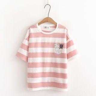 Short-sleeve Striped Cat Print T-shirt