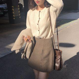Plain Cardigan / Plain High-waist Skirt