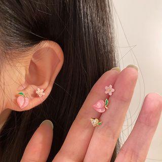 3 Pair Set: Peach / Flower Earring (various Designs) Set Of 3 Pairs - Pink & Green & Gold - One Size