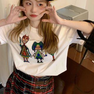 Short-sleeve Sequin Cartoon T-shirt Cartoon - White - One Size