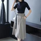 Set: Short-sleeve Knit Top + Midi A-line Skirt