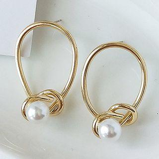 Faux Pearl Hoop Earring 1 Pair - 925 Silver Earrings - Gold & White - One Size
