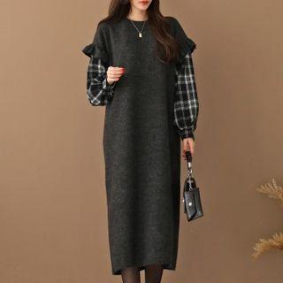 Plaid-sleeve Long Knit Dress
