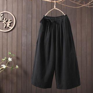 Wide-leg Cropped Linen Pants Black - One Size