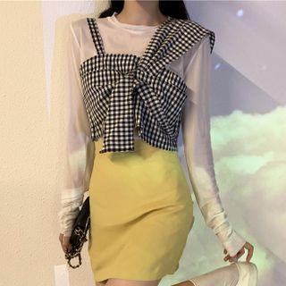 Set: Long-sleeve T-shirt + Asymmetrical Gingham Camisole Top Set Of 2 - T-shirt & Camisole Top - White & Black - One Size