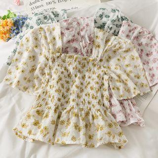 Square-neck Ruffle-trim Smocked Crop Top