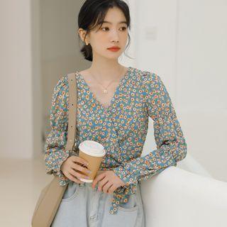 V-neck Floral Tie-strap Cropped Blouse