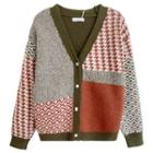 Long-sleeve V-neck Houndstooth Panel Knit Cardigan Panel - One Size