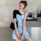 Short-sleeve One-shoulder T-shirt / Spaghetti Strap Tie-dye Print A-line Mini Dress