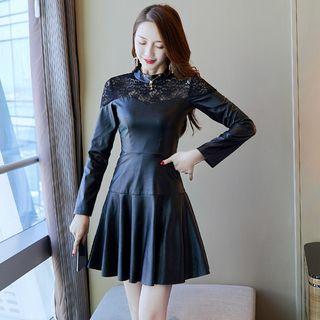 Long-sleeve Lace Panel A-line Faux Leather Dress