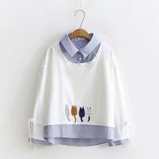 Mock Two-piece Cat Embroidery Sweatshirt White - One Size
