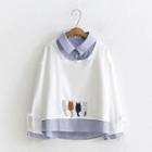 Mock Two-piece Cat Embroidery Sweatshirt White - One Size