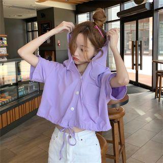 Short-sleeve Tie Waist Hooded Cropped Jacket