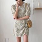 Puff-sleeve Shirred Patterned Minidress