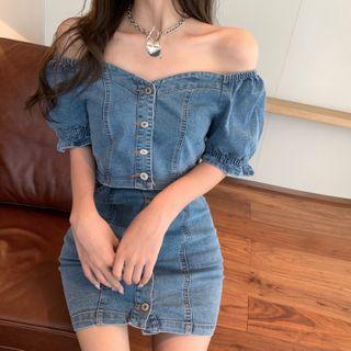 Off-shoulder Puff Sleeve Denim Cropped Top / Denim A-line Skirt