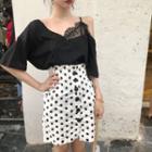 Short-sleeve Lace Trim Top / Dotted Mini Skirt