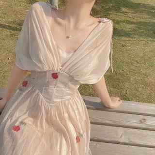 Puff-sleeve Floral Print Dotted Midi A-line Dress
