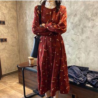 Mock-turtleneck Long-sleeve Floral Print Midi A-line Dress As Shown In Figure - One Size