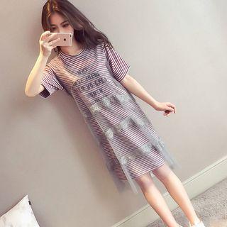 Set: Striped Short-sleeve T-shirt Dress + Mesh Tank Dress