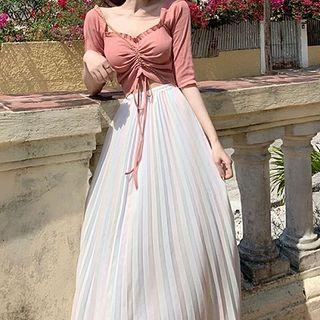 Drawstring Elbow-sleeve Crop Top / Midi Accordion Pleat Skirt