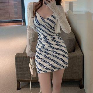 Lettering Strappy Mini Sheath Dress / Light Jacket