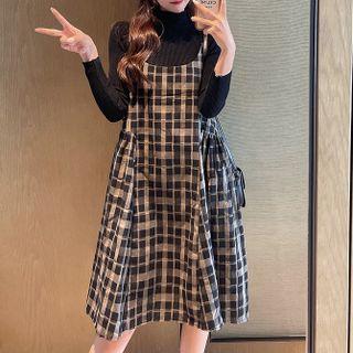 Set: Long-sleeve Top + Sleeveless Plaid Dress