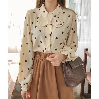 Tie-neck Polka-dot Blouse Beige - One Size
